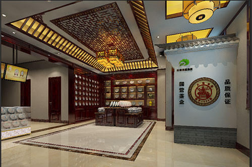 城区古朴典雅的中式茶叶店大堂设计效果图