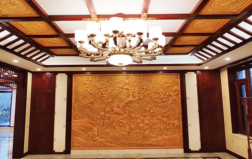 城区中式别墅客厅中式木作横梁吊顶装饰展示
